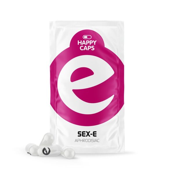 Front view of Happy Caps Sex-E aphrodisiac capsules package.