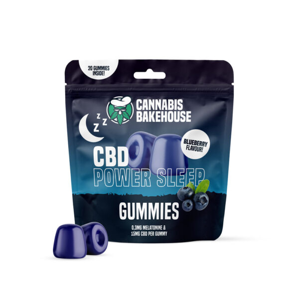Vista frontal del paquete Cannabis Bakehouse CBD Power Sleep Gummies con sabor a arándano.
