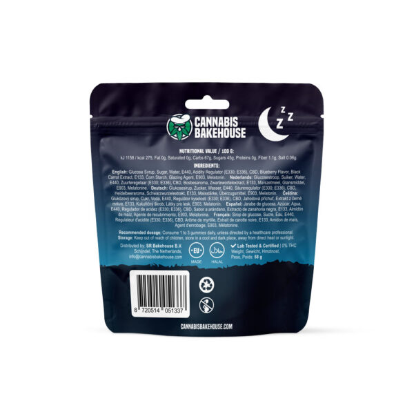 Vista posterior del paquete de Cannabis Bakehouse CBD Power Sleep Gummies que muestra los ingredientes y la información nutricional.
