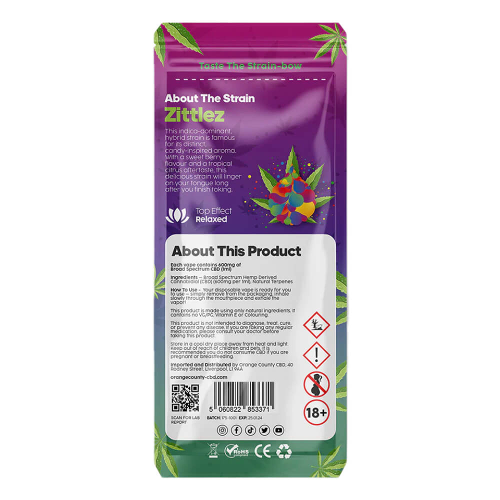 Vente en gros - Orange County - CBD - 1 ml - Cali - Jetables - 600 mg - CBD - Zittlez - 10 pièces