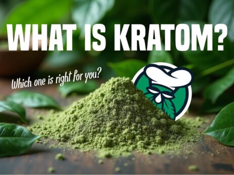“Close-up of kratom powder in a wooden scoop surrounded by fresh kratom leaves, illustrating the natural origin of kratom for blog article about what kratom is”