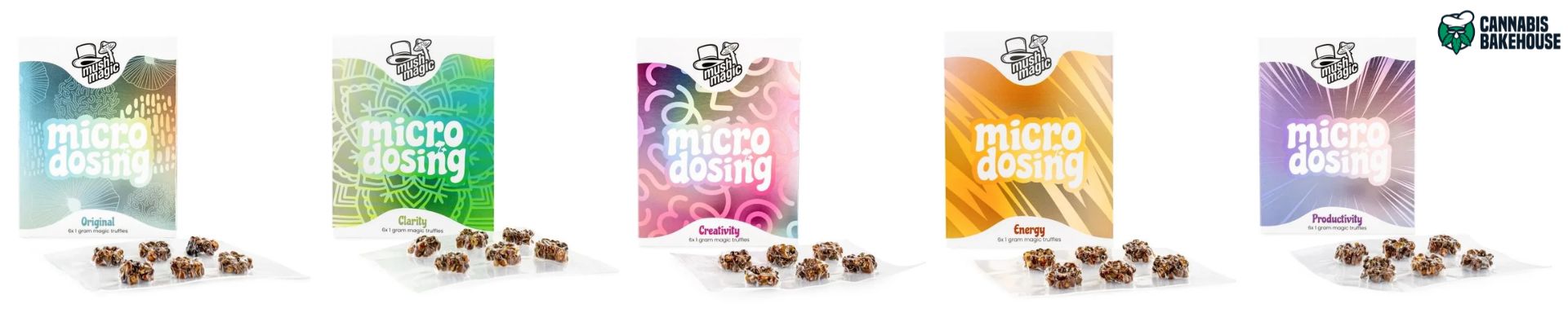 Mush Magic Microdosing varianten: Original, Clarity, Creativity, Energy, Productivity