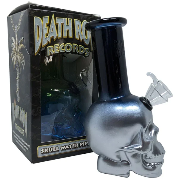 Bubbler compacto de vidrio de 15 cm de Death Row Records en elegante negro y plata. Diseño con forma de calavera, vidrio resistente al calor y sistema de difusión de agua para inhalaciones frescas.