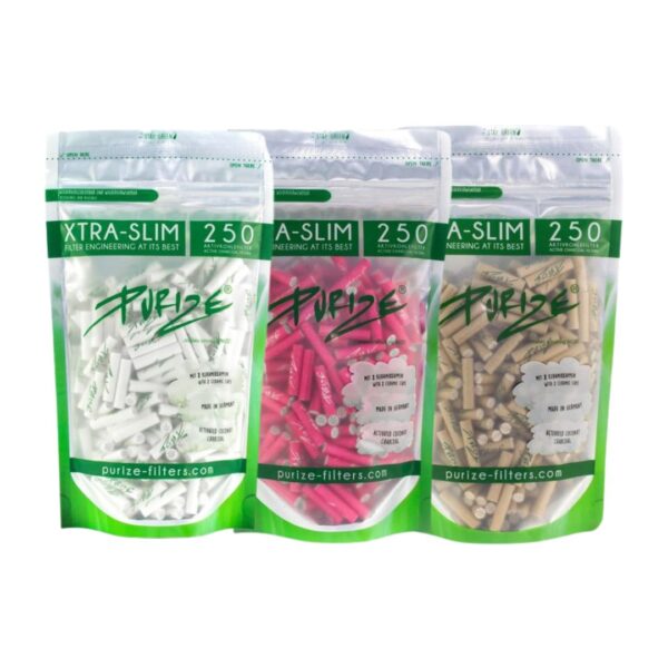 Filtros de carbón activo PURIZE XTRA Slim, 250 unidades, en blanco, rosa y marrón orgánico.