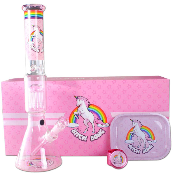 Bong Black Leaf BITCH de 45 cm rosa con percolaTor, molinillo y bandeja para liar en caja de regalo