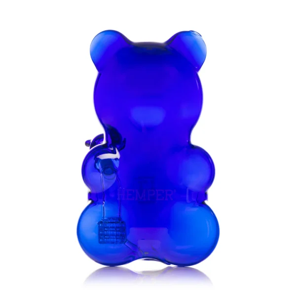Bong Gummy Bear XL di Hemper. Vetro blu trasparente, matrice percolatore e circa 22 cm di altezza per colpi potenti e fluidi.