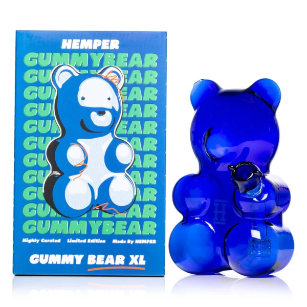 Bong Gummy Bear XL di Hemper. Vetro blu trasparente, matrice percolatore e circa 22 cm di altezza per colpi potenti e fluidi.