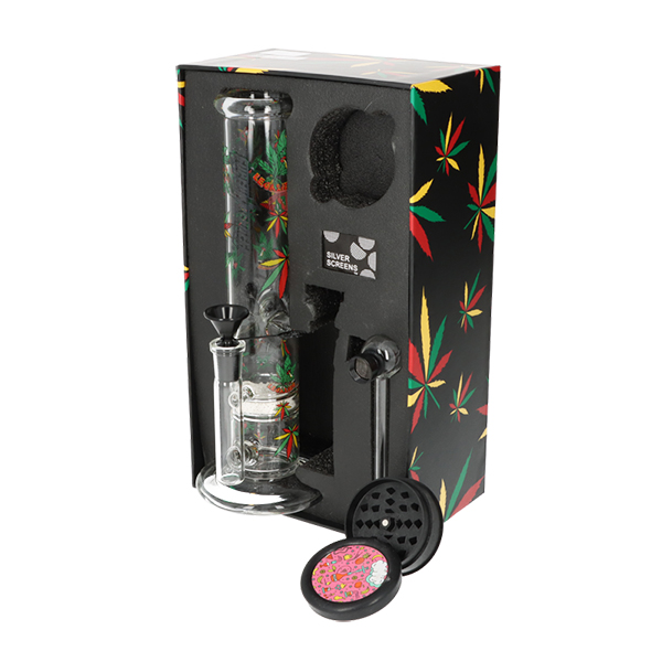 Super Heroes Set 2 — mini ice bong, grinder en glasspijp in Rasta cadeaubox