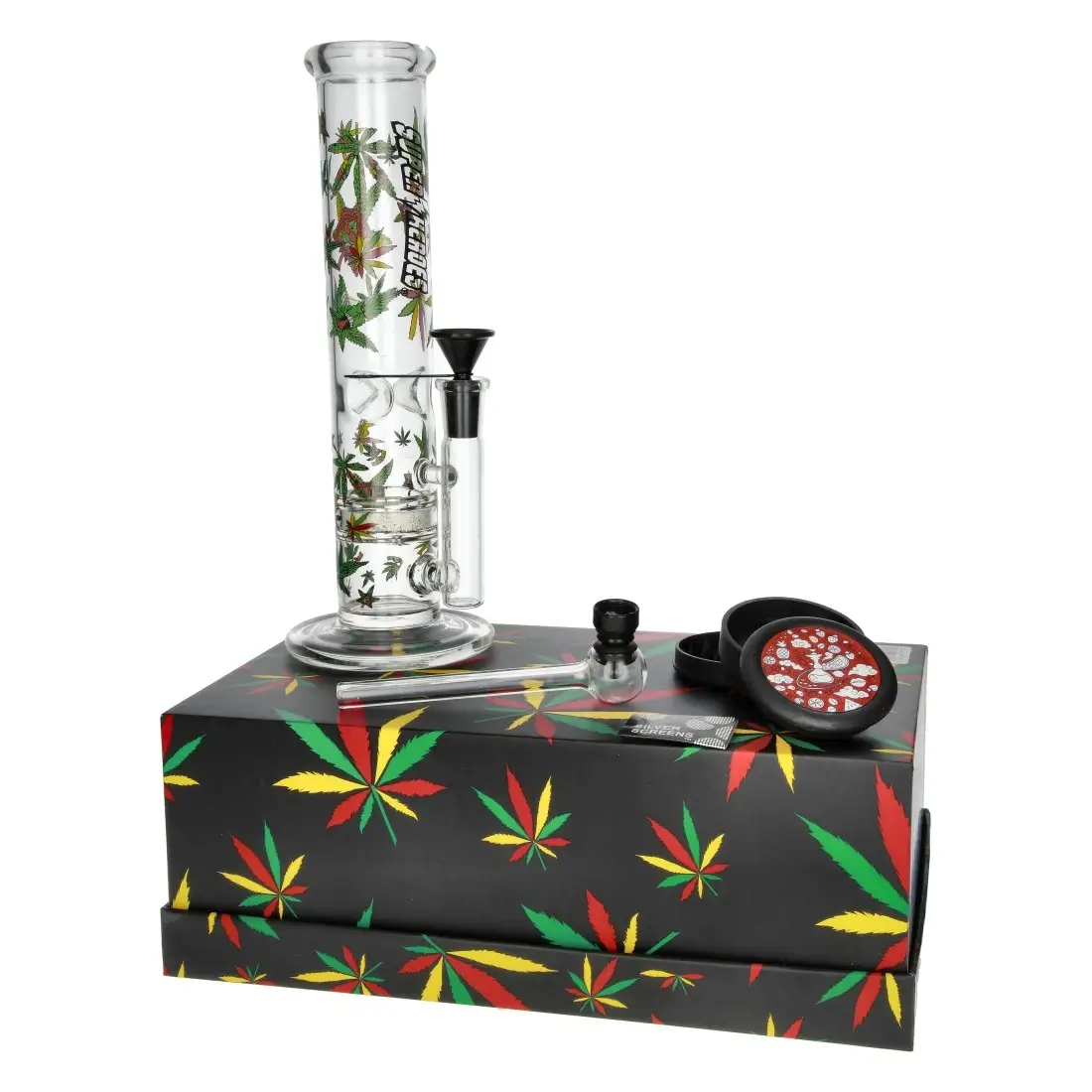 Super Heroes Set 2 — mini ice bong, grinder en glasspijp in Rasta cadeaubox Box