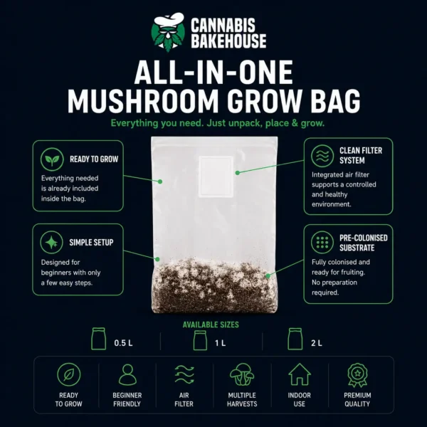Cannabis Bakehouse all-in-one mushroom grow bag infographic showing the integrated air filter, pre-colonised substrate, available sizes and beginner-friendly ready-to-grow features.