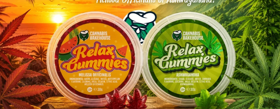 Cannabis Bakehouse Relax Gummies with Melissa Officinalis and Ashwagandha in a relaxing tropical landscape
