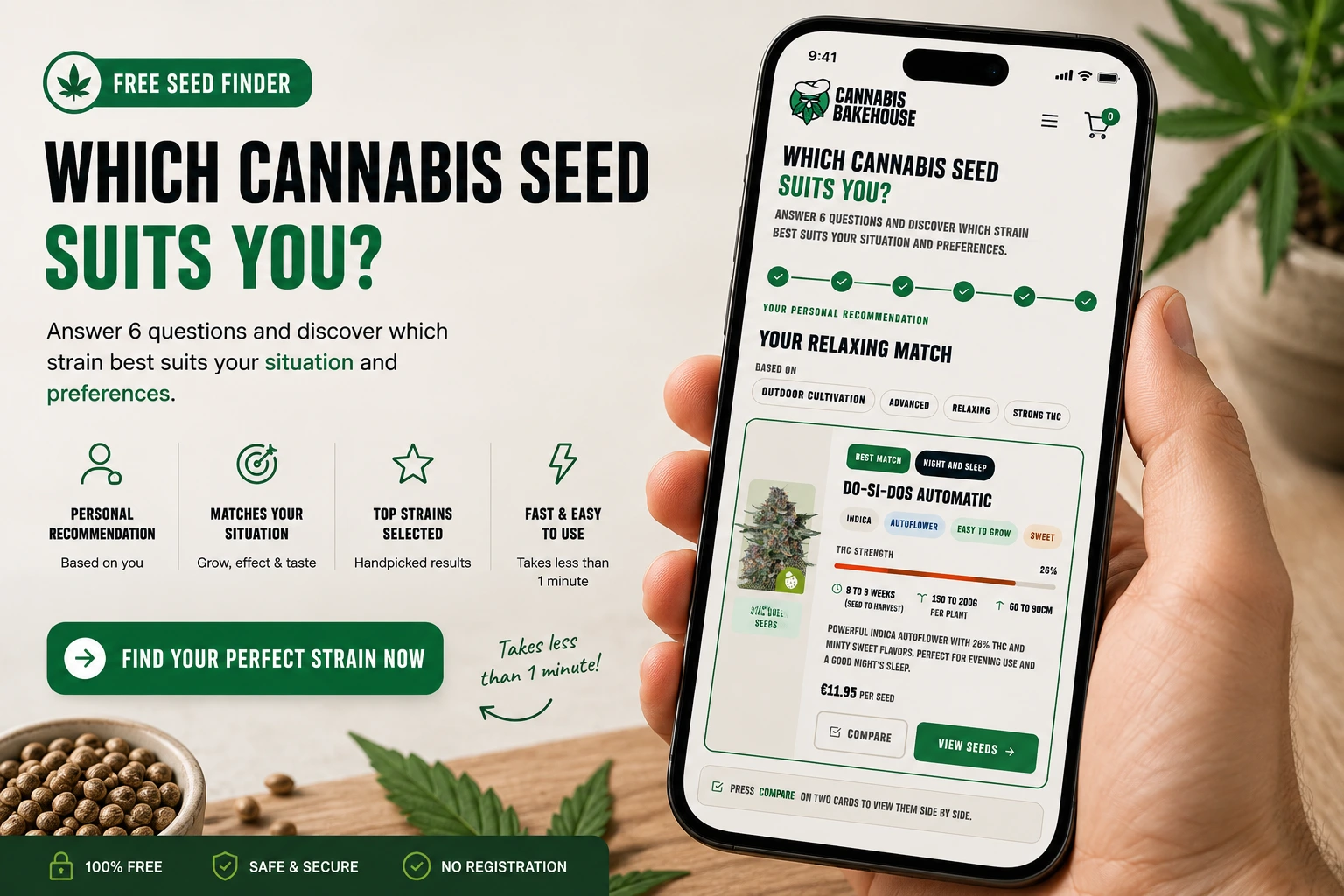 Cannabis Seed Finder by Cannabis Bakehouse showing a personalised cannabis seed recommendation based on growing preferences, THC strength, experience level and desired effects.