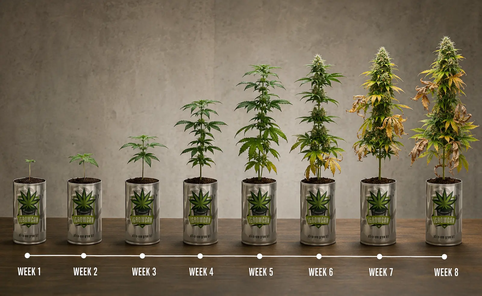 iGrowCan cannabis plant groei tijdlijn week 1 tot 8