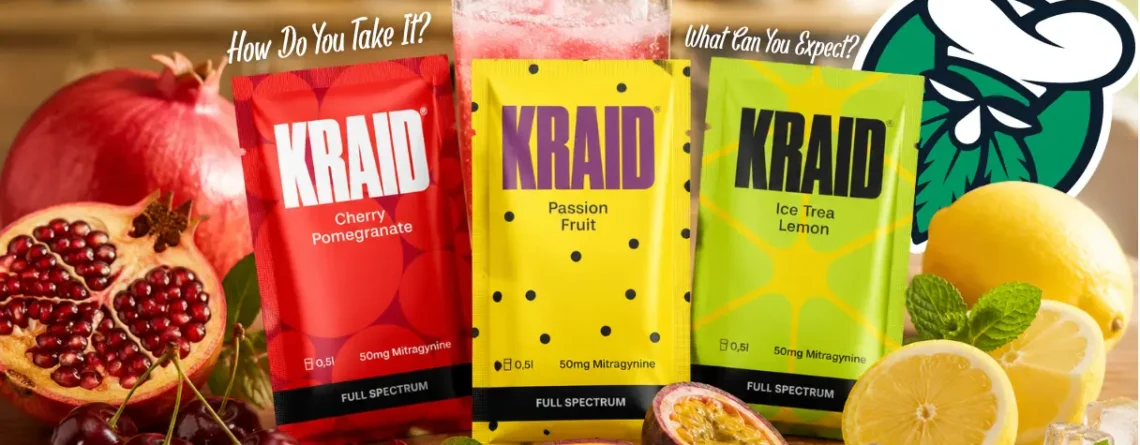 KRAID kratom drink sachets in drie smaken: Passion Fruit, Cherry Pomegranate en Ice Tea Lemon