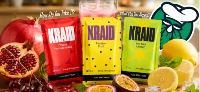 KRAID kratom drink sachets in drie smaken: Passion Fruit, Cherry Pomegranate en Ice Tea Lemon