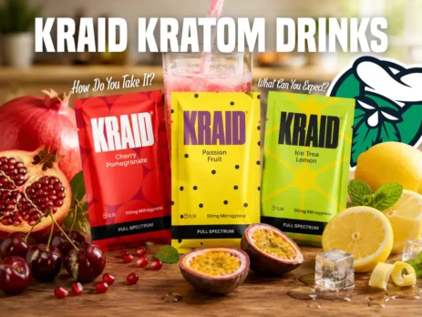 KRAID kratom drink sachets in drie smaken: Passion Fruit, Cherry Pomegranate en Ice Tea Lemon