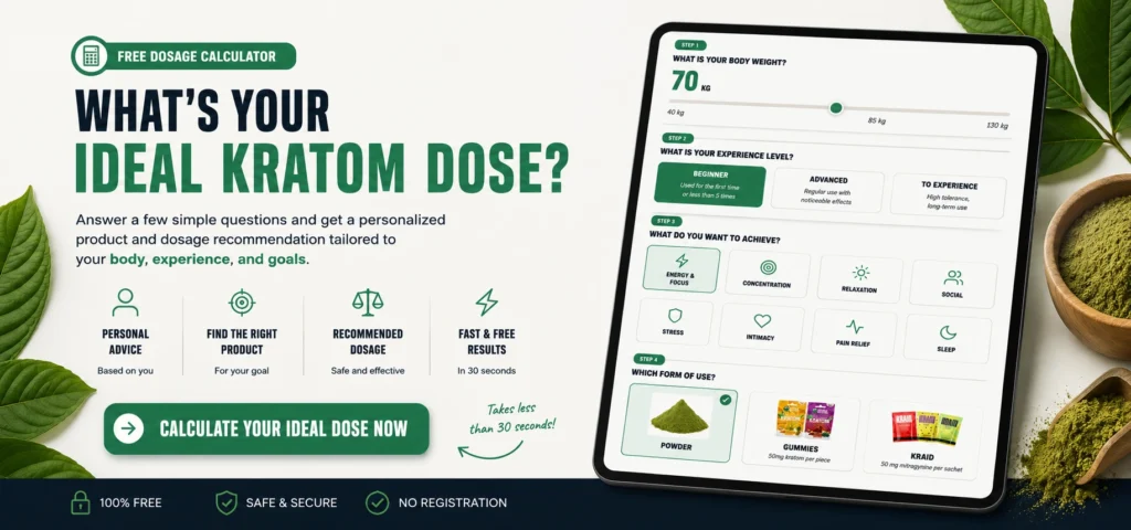 Calcolatore di dosaggio di Kratom di Cannabis Bakehouse per consigli personalizzati sul dosaggio in base a peso, esperienza e obiettivi.