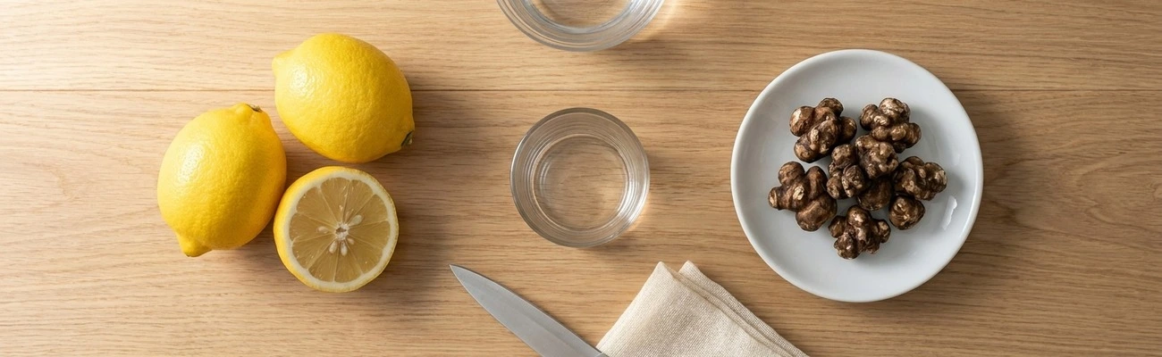 Benodigdheden voor lemon tek magic truffels: verse citroenen, glas, scherp mes en kaasdoek op een houten ondergrond
