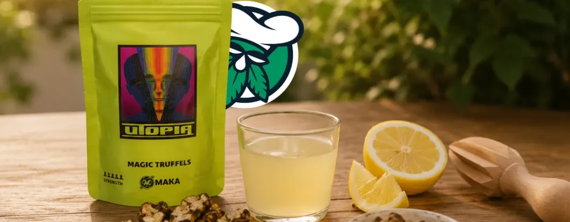 Lemon tek magic truffels in een glas met verse citroenen en truffels op een houten ondergrond