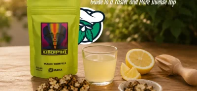 Lemon tek magic truffels in een glas met verse citroenen en truffels op een houten ondergrond