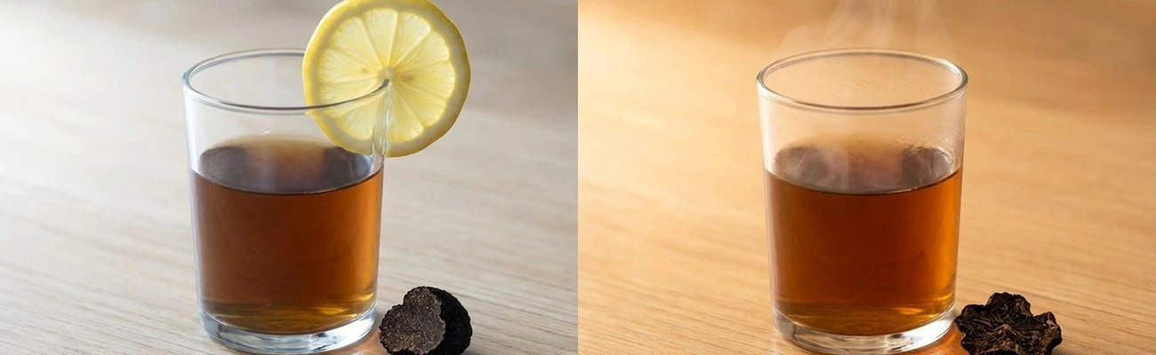 Verschil tussen lemon tek en truffelthee: lemon tek links met citroen, truffelthee rechts met stoom