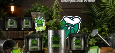 Mature cannabis plant growing in a Royal Queen Seeds iGrowCan alongside iGrowCan grow kits and cannabis seed packs.