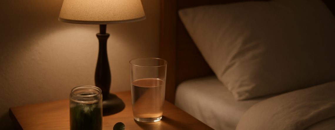 CBD slaapgummies op een nachtkastje naast een glas water in een rustige slaapkamer
