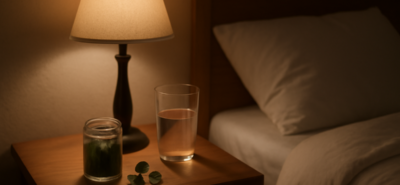 CBD slaapgummies op een nachtkastje naast een glas water in een rustige slaapkamer