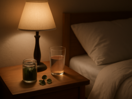 CBD slaapgummies op een nachtkastje naast een glas water in een rustige slaapkamer