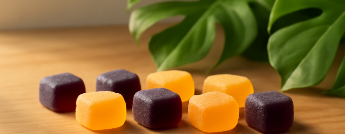 Kratom gummies in bosbes- en tropische fruitsmaken op een houten ondergrond met groene bladeren