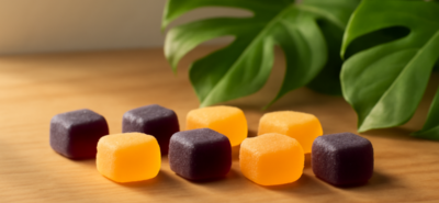 Kratom gummies in bosbes- en tropische fruitsmaken op een houten ondergrond met groene bladeren