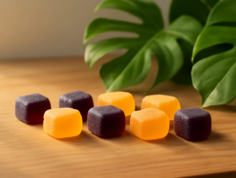 Kratom gummies in bosbes- en tropische fruitsmaken op een houten ondergrond met groene bladeren