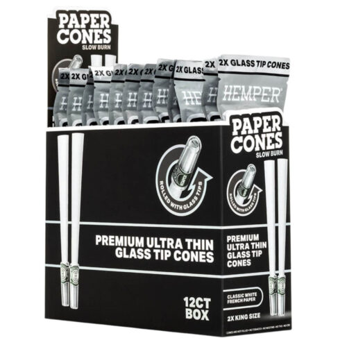Hemper King Size Cones met Glazen Tip Wit (12 pcs display)