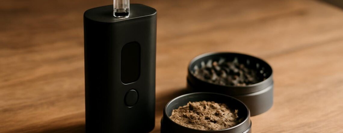 Dry herb vaporizer naast een grinder op een houten tafel