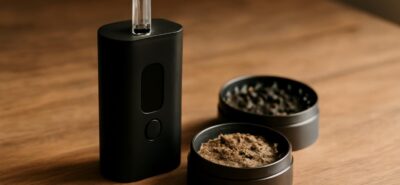 Dry herb vaporizer naast een grinder op een houten tafel