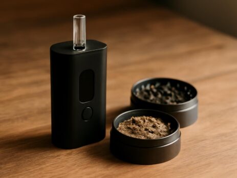 Dry herb vaporizer naast een grinder op een houten tafel